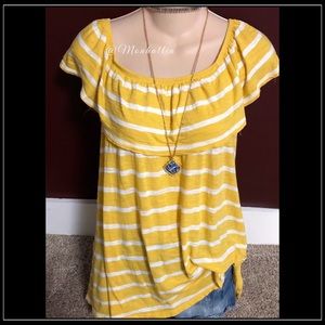 Old Navy Flouncy romantic off shoulder ruffle yellow striped summer top